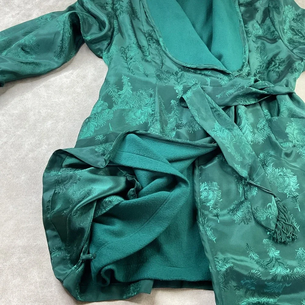 Victoria's Secret Robe Green Satin Fleece Lined Floral Pockets Belted Vintage
